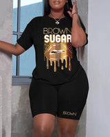 Brown Sugar Lip Print T-shirt & High Waist Shorts Set