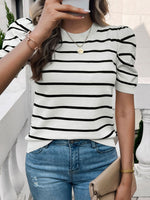 Striped Round Neck Puff Sleeve Knit Top