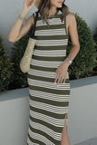 Slit Striped Round Neck Sleeveless Midi Dress