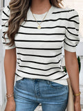 Striped Round Neck Puff Sleeve Knit Top