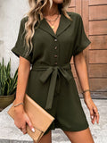 Half Button Tie Waist Short Sleeve Romper