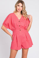 GeeGee Half Button V-Neck Linen Romper