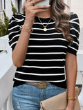 Striped Round Neck Puff Sleeve Knit Top