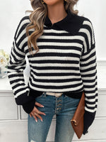 Devine Striped Collared Neck Long Sleeve Sweater