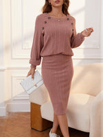 Ribbed Buttoned Round Neck Top and Skirt Set