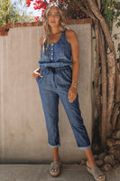 Buttoned Sleeveless Drawstring Waist Denim Jumpsuit