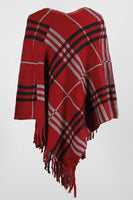 Plaid V-Neck Asymmetrical Fringe Hem Poncho