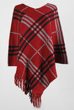 Plaid V-Neck Asymmetrical Fringe Hem Poncho