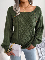 Button Trim Cable-Knit Square Neck Sweater