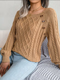 Button Trim Cable-Knit Square Neck Sweater