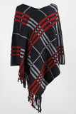 Plaid V-Neck Asymmetrical Fringe Hem Poncho