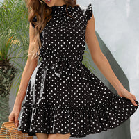 Polka Dot Mock Neck Frill Trim Mini Dress