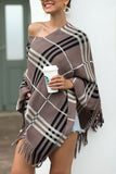 Plaid V-Neck Asymmetrical Fringe Hem Poncho