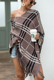 Plaid V-Neck Asymmetrical Fringe Hem Poncho