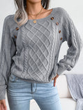 Button Trim Cable-Knit Square Neck Sweater