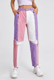 Color Block Distressed Frayed Trim Jeans