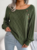 Button Trim Cable-Knit Square Neck Sweater