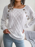 Button Trim Cable-Knit Square Neck Sweater