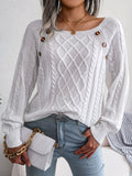 Button Trim Cable-Knit Square Neck Sweater