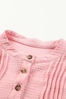 Half Button Pleated Detail Textured Top