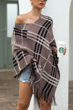 Plaid V-Neck Asymmetrical Fringe Hem Poncho