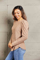 Double Take Round Neck Puff Sleeve Ribbed Top