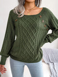 Button Trim Cable-Knit Square Neck Sweater