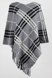 Plaid V-Neck Asymmetrical Fringe Hem Poncho