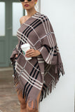 Plaid V-Neck Asymmetrical Fringe Hem Poncho