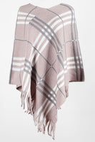 Plaid V-Neck Asymmetrical Fringe Hem Poncho