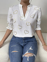 Heart Print Notched Neck Half Sleeve Blouse